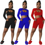 Casual Solid Color Long Sleeve Sport 3 Piece Shorts Set TE-4634