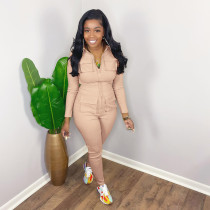 Solid Color Zipper Long Sleeve Jumpsuit DDF-88219