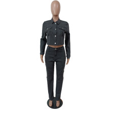 Fashion Denim Long Sleeve Short Coat 2 Piece Set MEM-88510