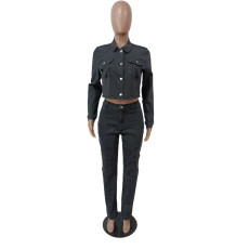 Fashion Denim Long Sleeve Short Coat 2 Piece Set MEM-88510