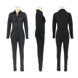 Solid Color Zipper Long Sleeve Jumpsuit DDF-88219