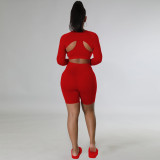 Casual Solid Color Long Sleeve Sport 3 Piece Shorts Set TE-4634