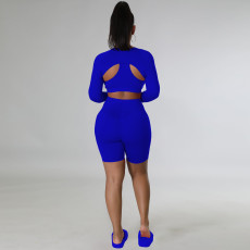 Casual Solid Color Long Sleeve Sport 3 Piece Shorts Set TE-4634