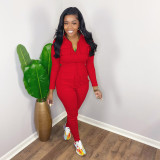 Solid Color Zipper Long Sleeve Jumpsuit DDF-88219