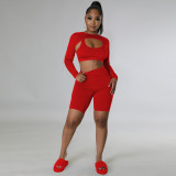 Casual Solid Color Long Sleeve Sport 3 Piece Shorts Set TE-4634