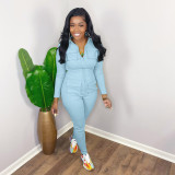 Solid Color Zipper Long Sleeve Jumpsuit DDF-88219
