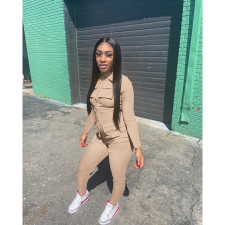 Solid Color Zipper Long Sleeve Jumpsuit DDF-88219