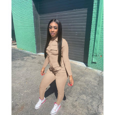 Solid Color Zipper Long Sleeve Jumpsuit DDF-88219