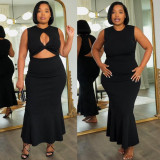 Plus Size Solid Color Hollow Out Sleeveless Maxi Dress NY-10588