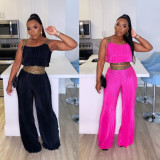 Press Pleat Splicing Webbing Solid Wide Leg Two Piece Set NY-2812