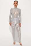 Fashion Mesh Plaid Long Sleeve Maxi Dress YD-8773