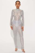 Fashion Mesh Plaid Long Sleeve Maxi Dress YD-8773
