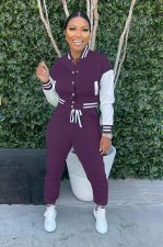 Color Blocking Baseball Coat Two Piece Pants Set XMY-9457