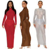 Fashion Mesh Plaid Long Sleeve Maxi Dress YD-8773