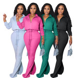 Solid Color Zipper Long Sleeve Pants Sport Two Piece Set AIL-251