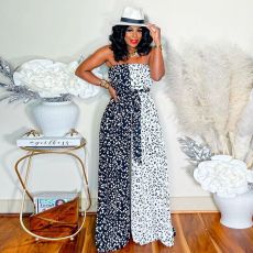 Contrast Color Print Wide Leg Wrap Chest Jumpsuit GDNY-2243