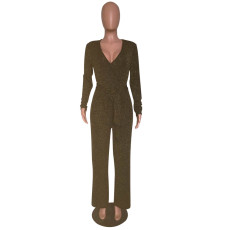Gold Stripe Long Sleeve V-Neck Jumpsuit NK-9085