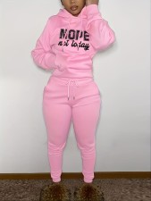 Letter Print Plus Fleece Pullover Hoodies Pant Two Piece SetSH-390709