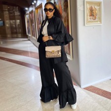 Casual Solid Ruffles Sleeve Shirts Micro Flare Pants Suit GDNY-2246