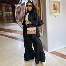 Casual Solid Ruffles Sleeve Shirts Micro Flare Pants Suit GDNY-2246