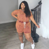 Plus Size Print Short Sleeve Tie Up Two Piece Shorts Set NNWF-7895