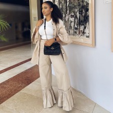 Casual Solid Ruffles Sleeve Shirts Micro Flare Pants Suit GDNY-2246