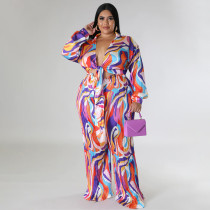 Plus Size Print Deep V Neck Tie Up Two Piece Pants Set NNWF-N7918