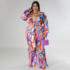 Plus Size Print Deep V Neck Tie Up Two Piece Pants Set NNWF-N7918
