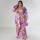 Plus Size Print Deep V Neck Tie Up Two Piece Pants Set NNWF-N7918