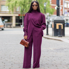 High Neck Irregular Split Long Sleeve Casual Two Piece Set YNSF-2613