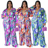 Plus Size Print Deep V Neck Tie Up Two Piece Pants Set NNWF-N7918
