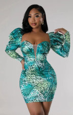 Fashion Print Puffed Sleeve Slim Mini Dress XHXF-368