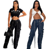 Workwear Bag Suspender Loose Casual Denim Trousers CM-8692