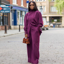 High Neck Irregular Split Long Sleeve Casual Two Piece Set YNSF-2613