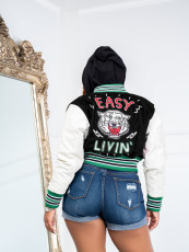 Plus Size Long Sleeve Printed Rib Patchwork Baseball Jacket JPF-1089