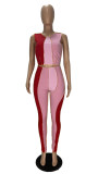 Contrast Color Patchwork Sleeveless Two Piece Pants Set XYF-XY9082