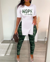 Fashion Letter Slit Tops And Camouflage Print 2 Piece Set HMS-5575