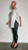 Fashion Letter Slit Tops And Camouflage Print 2 Piece Set HMS-5575