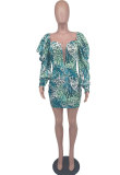 Fashion Print Puffed Sleeve Slim Mini Dress XHXF-368