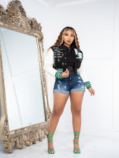 Plus Size Long Sleeve Printed Rib Patchwork Baseball Jacket JPF-1089