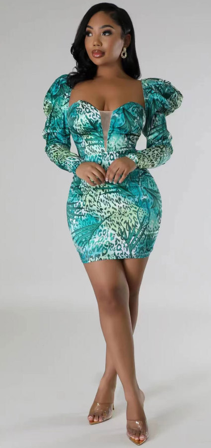 Fashion Print Puffed Sleeve Slim Mini Dress XHXF-368