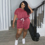 Plus Size Print Short Sleeve Tie Up Two Piece Shorts Set NNWF-7895