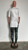 Fashion Letter Slit Tops And Camouflage Print 2 Piece Set HMS-5575