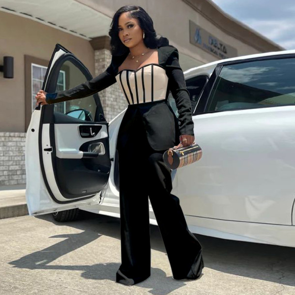 Color Clock Long Sleeve Wide Leg Jumpsuit YF-10590