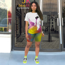 Casual Print Sport Short Sleeve Two Piece Shorts Set TE-4635