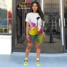 Casual Print Sport Short Sleeve Two Piece Shorts Set TE-4635