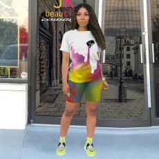 Casual Print Sport Short Sleeve Two Piece Shorts Set TE-4635