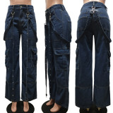 Workwear Bag Suspender Loose Casual Denim Trousers CM-8692