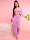 V-neck Ruched Crop Tops Stacked Pants Two Piece Set GDYF-6903