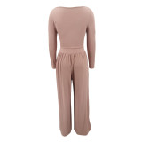 Plus Size PINK Letter Print Knit Tie Up Loose Two Piece Pants Set YIM-361
